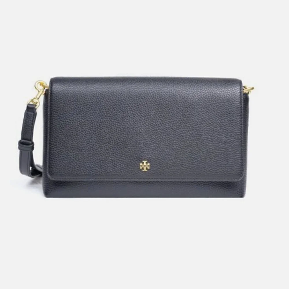 NWT！NEW！Tory Burch Blake Flap Pebbled Leather Crossbody Large Black -Women Bag